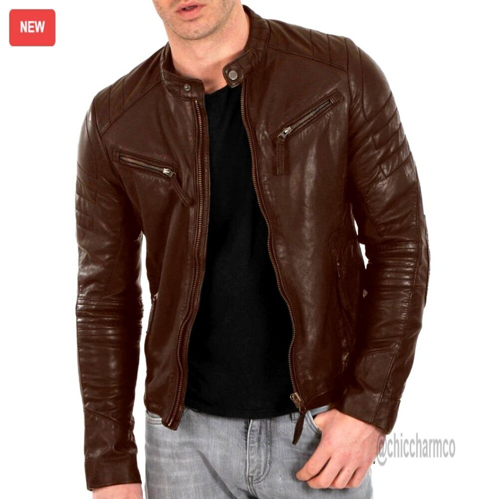 Men's Genuine Lambskin Leather Biker Jacket Motorcycle Style